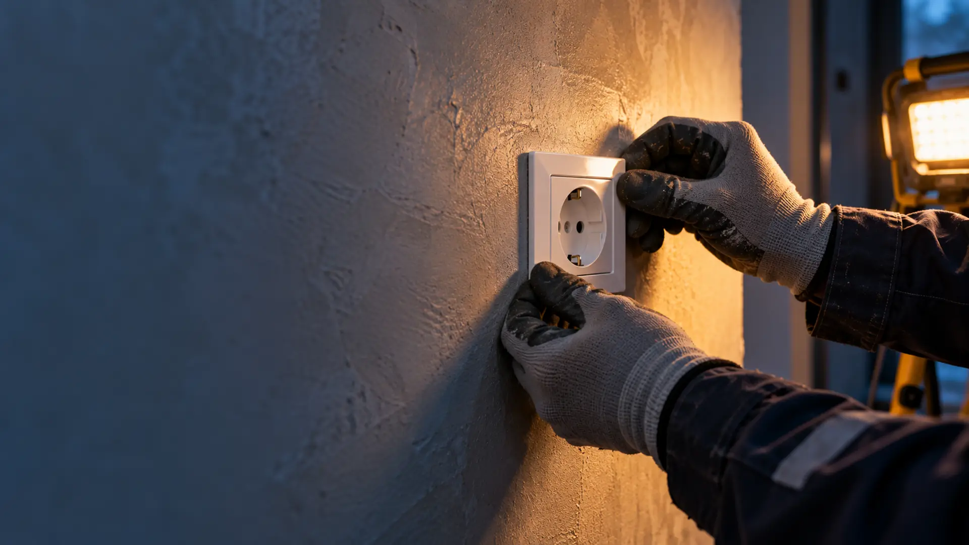 KI-generiertes Symbolbild: behandschuhte Hände setzen einen Steckdosenrahmen in eine verputzte Wand